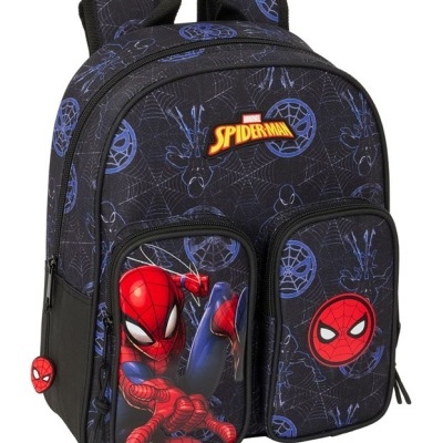 Mochila preta com padrão Homem-Aranha e bolsos frontais com imagens do personagem
