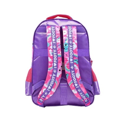Mochila roxa com alças coloridas com texto FOOTY e bolso lateral vermelho