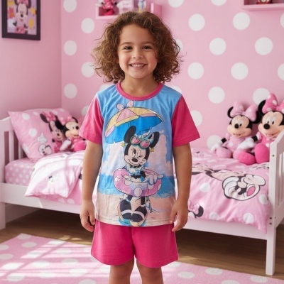 Menina vestindo pijama com estampa da Minnie Mouse em quarto infantil decorado com roupa de cama e peluches da Minnie.