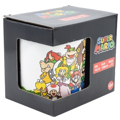 Caneca branca com ilustração Super Mario em caixa preta