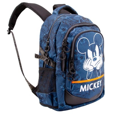 Mochila azul escura com desenho do Mickey Mouse e padrão floral