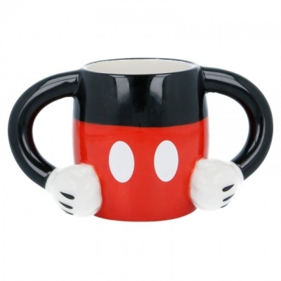 Caneca de cerâmica com design inspirado nas calças do Mickey, vermelha com pegas pretas