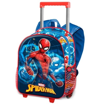Mochila de rodas Spider-Man azul e vermelha com alça extensível e bolsos laterais