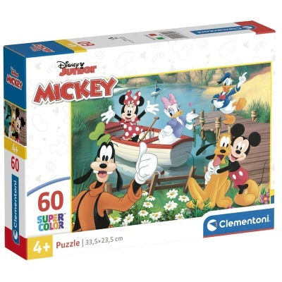 Caixa de quebra-cabeças Disney Junior Mickey com 60 peças e imagem dos personagens num lago.