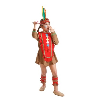 Fato de índio para criança com vestido castanho, colete vermelho e penas na cabeça