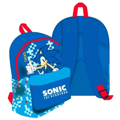 Mochila azul com personagem Sonic the Hedgehog e texto SONIC THE HEDGEHOG