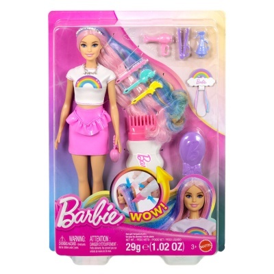 Boneca Barbie com cabelo colorido e acessórios de penteado em embalagem original