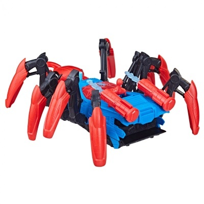 Brinquedo robô aranha em plástico preto, vermelho e azul sobre fundo branco