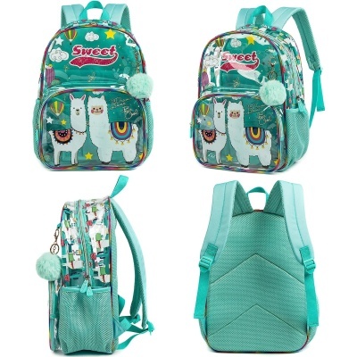 Mochila verde água com padrão de lhamas, estrelas e nuvens