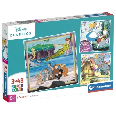 Caixa de 3 puzzles Disney Clementoni com imagens de Peter Pan, Alice no País das Maravilhas e Dumbo.