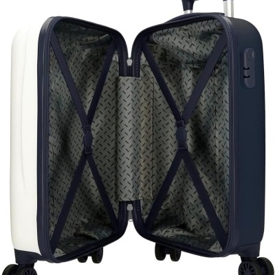 Mala de viagem rígida azul escuro e branca aberta com interior padrão geométrico.