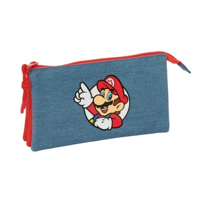 Estojo azul com personagem de videojogo com boné vermelho e luvas brancas