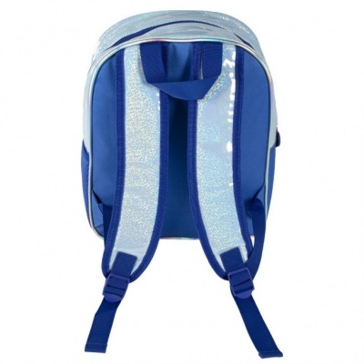 Mochila azul com alças refletoras prateadas, vista de trás.