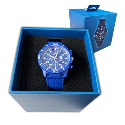 Relógio desportivo azul em caixa azul com tampa com imagem do relógio