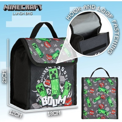 Sacos de almoço Minecraft com design de personagens em verde e vermelho com fecho velcro e alça preta