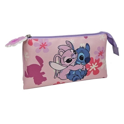 Estojo escolar rosa com personagens Stitch e Angel e padrão de flores