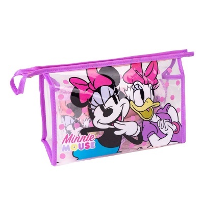 Necessaire transparente com imagens da Minnie e Margarida e fecho lilás