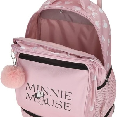 Mala de criança cor-de-rosa Minnie Mouse com padrão, bolso frontal e roda