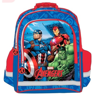 Mochila infantil azul e vermelha com estampado dos Avengers