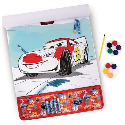 Pack de pintura infantil com tema Cars, contendo bloco para colorir, lápis de cor, tintas e pincel