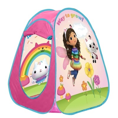 Tenda infantil rosa e azul com personagens animadas e arco-íris
