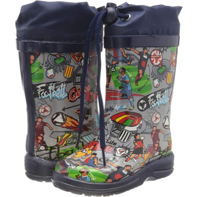 Botas de criança impermeáveis com padrão colorido de futebol e cordão azul para ajuste