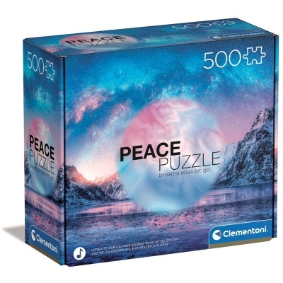Caixa de puzzle 500 peças Clementoni com design de montanhas e céu estrelado azul e rosa