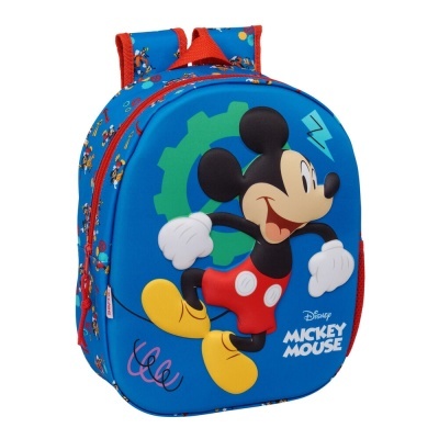 Mochila infantil azul com estampa de Mickey Mouse e detalhes coloridos