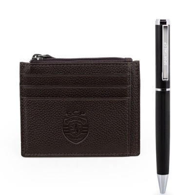 Carteira em couro castanho com emblema SCP e caneta preta com detalhes prateados SPORTING CP