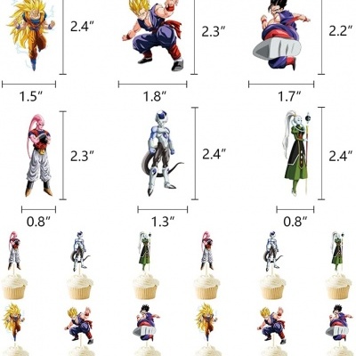Figuras Dragon Ball com medidas e toppers para cupcakes em fundo branco.