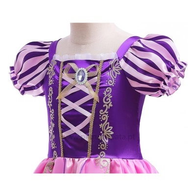 Vestido infantil princesa roxo e rosa com mangas bufantes e detalhes dourados