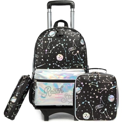 Conjunto de mala de rodinhas, estojo e lancheira com padrão de constelações e estrelas