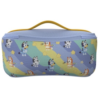 Estojo colorido com personagens de desenho animado e alça amarela