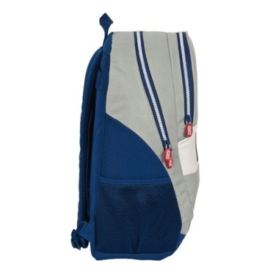 Mochila azul e cinza com faixas e fechos vermelhos