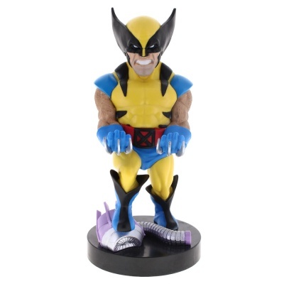 Figura colecionável do Wolverine em roupa amarela, azul e preta com garras prateadas sobre base preta