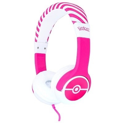 Headphones rosa e branco com padrão Pokémon e almofadas acolchoadas