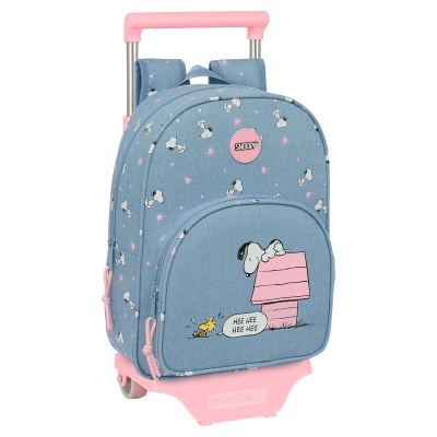 Mochila de rodinhas azul claro com Snoopy e Woodstock cor de rosa