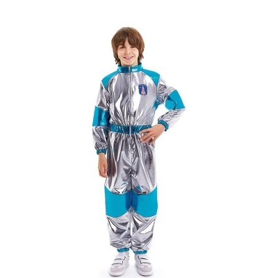 Macacão infantil prateado com detalhes azuis e fecho em zíper