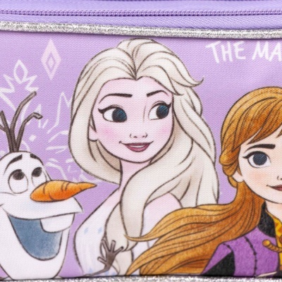 Personagens da Frozen em produto lilás com detalhes em branco e roxo