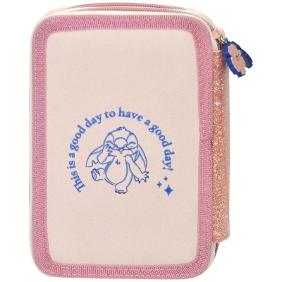 Estojo branco retangular com bordas cor-de-rosa, personagem animada azul e texto inspirador.