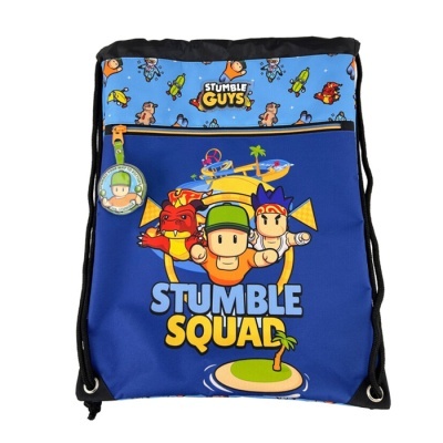 Mochila saco azul com personagem Stumble Guys e texto Stumble Squad