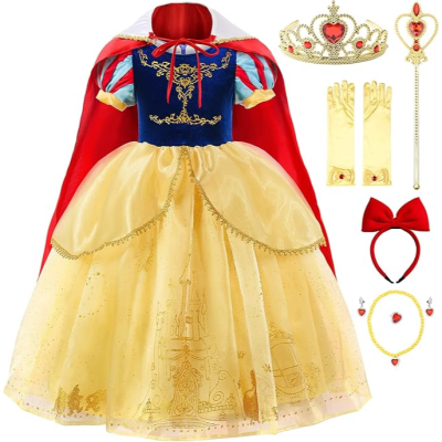 Conjunto de vestido de princesa azul e amarelo com capa vermelha e acessórios dourados e vermelhos para criança