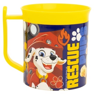 Caneca amarela com personagem canino de bombeiro e texto RESCUE PUPS