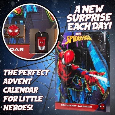 Calendário de advento Spider-Man com imagem do super-herói e texto promocional em inglês.