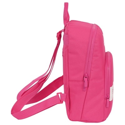 Mochila pequena rosa com dois compartimentos e alças ajustáveis