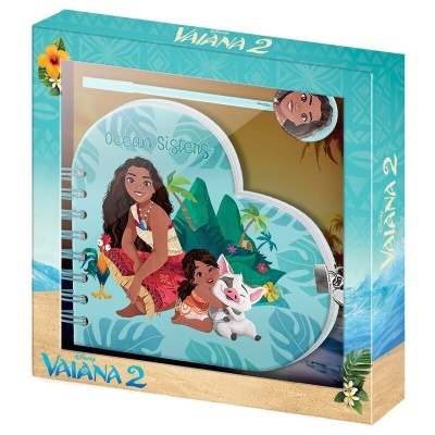 Conjunto Disney Vaiana 2 com caderno coração e caneta em caixa azul
