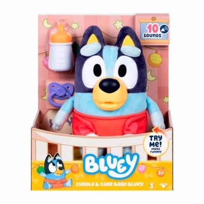 Brinquedo de peluche Bluey com acessórios num embalagem colorida