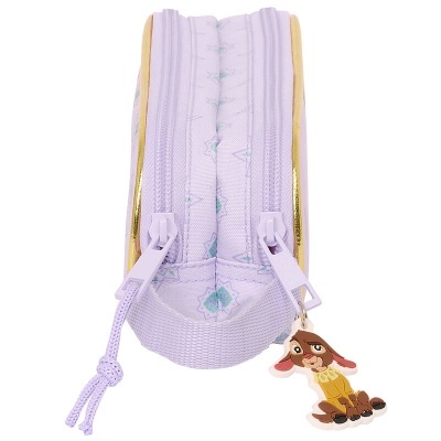 Estojo escolar lilás com fechos duplos e pendente de personagem de cão