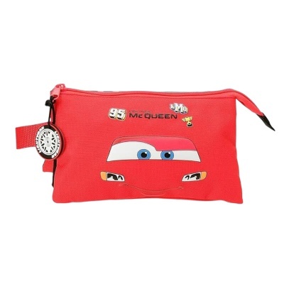 Estojo escolar vermelho com personagem Lightning McQueen e detalhes coloridos