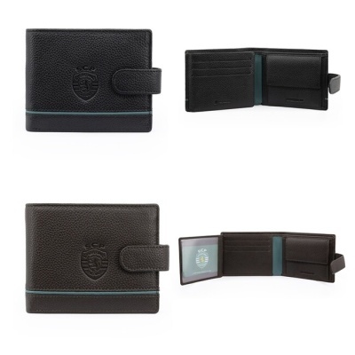 Carteira preta em couro com fecho e logótipo SCP